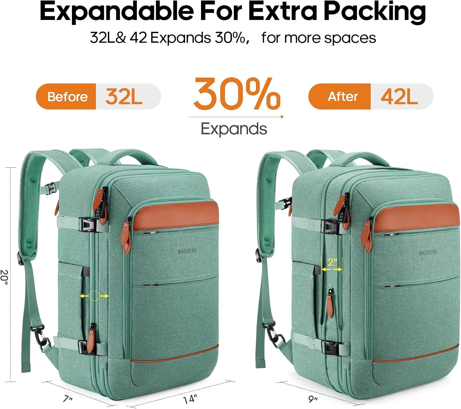 Bagsure Travel Backpack, 42L Carry on Luggage, Flight Approved Expandable Backpack, Laptop Backpack