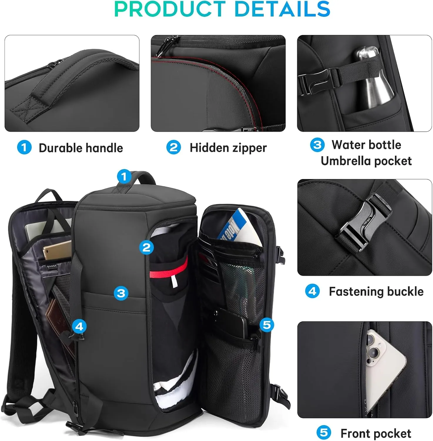 BANGE 40L Travel Backpack with Shoe Compartment, Large Capacity Weekender Bag Daypack Fits 17.3 Inch Laptop, Carry-on Luggage Backpack with Water Bottle Holder for Traveling, Hiking, Business