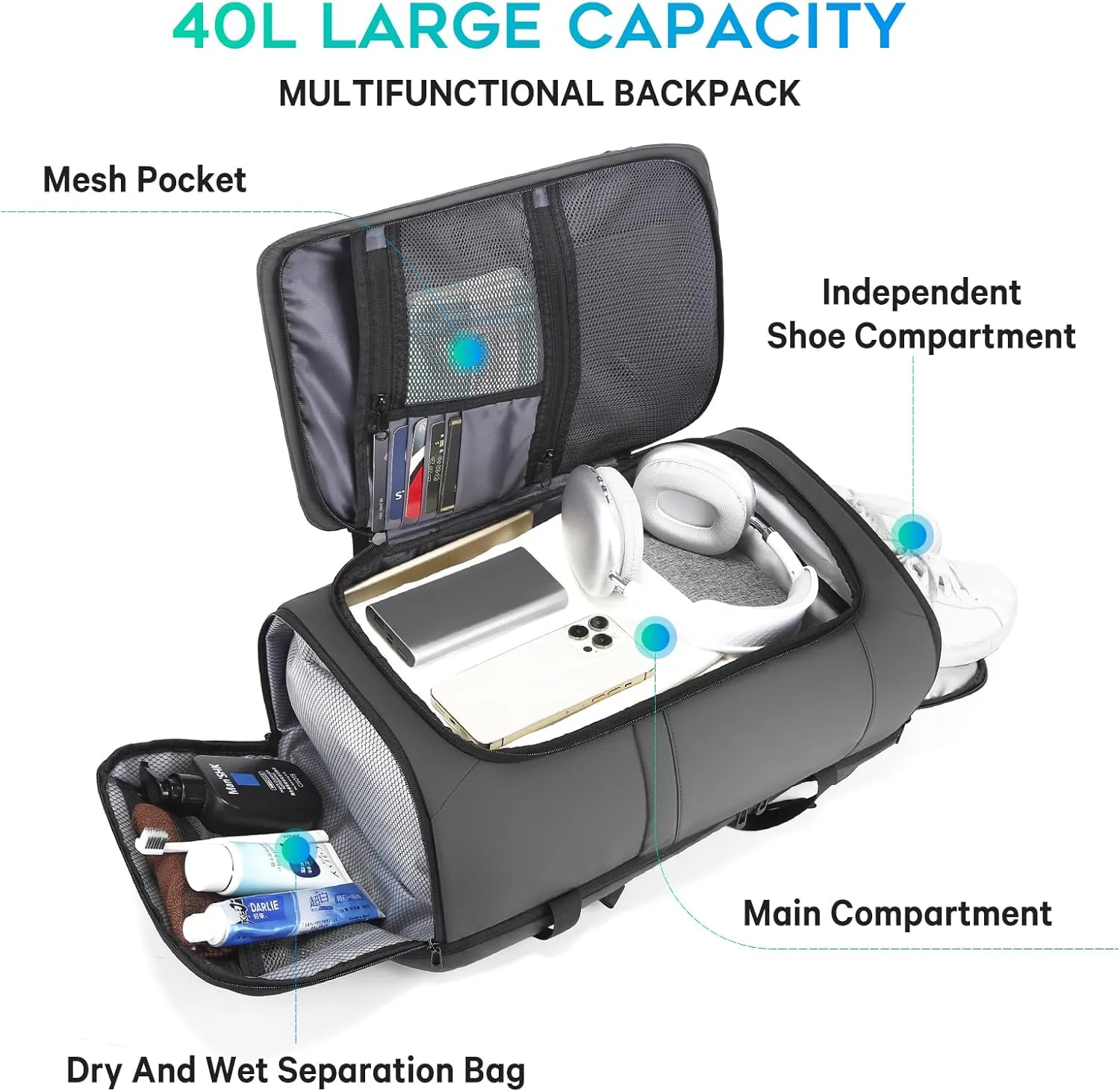 BANGE Large Luggage backpack Backpack, 40L Travel Laptop Backpack Fits 17.3 Inch Notebook, Traveling Luggage Backpack,Carry On Rucksack with Water Bottle Holder for Traveling, Hiking, Business