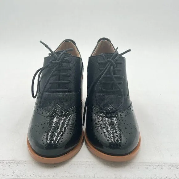 Black Lace-Up Oxfords Almond Toe Mid Chunky Heel Brogues Casual Unisex Shoes