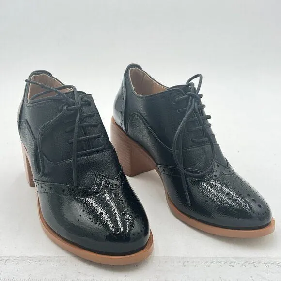Black Lace-Up Oxfords Almond Toe Mid Chunky Heel Brogues Casual Unisex Shoes