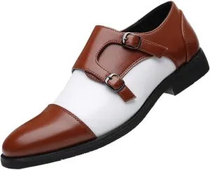 Black Men's Genuine Leather Loafers, Two-Tone Patchwork Business Casual Dress Shoes with Buckle, Height Increasing Wedding Shoes for Men