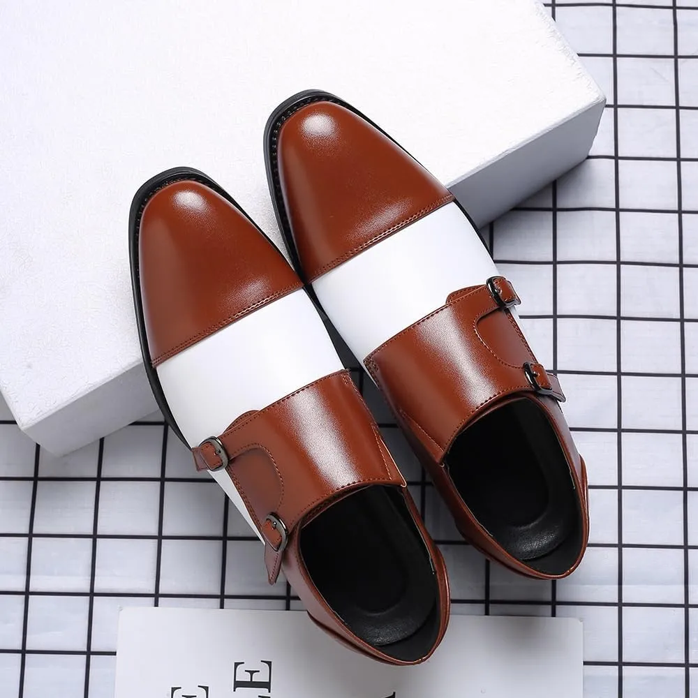 Black Men's Genuine Leather Loafers, Two-Tone Patchwork Business Casual Dress Shoes with Buckle, Height Increasing Wedding Shoes for Men