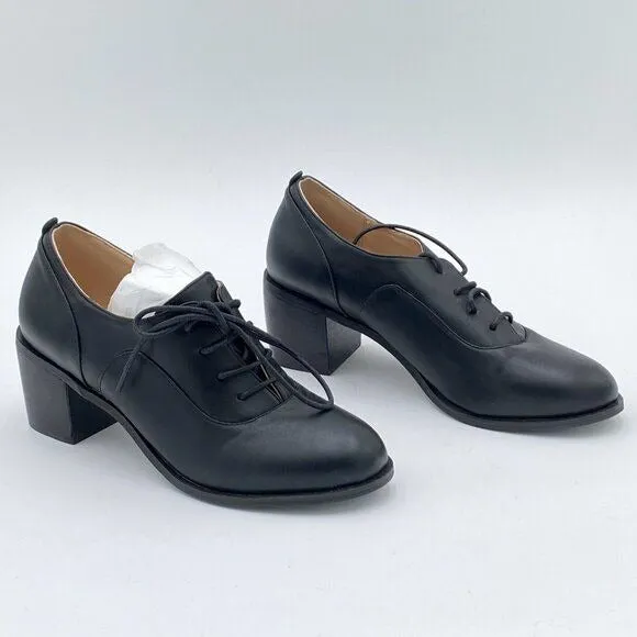 Black Women's Lace-Up Oxfords Almond Toe Chunky Heel Casual Shoes