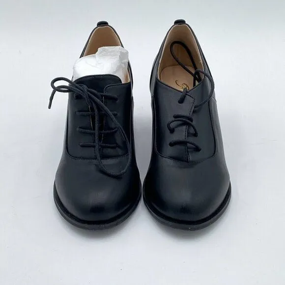 Black Women's Lace-Up Oxfords Almond Toe Chunky Heel Casual Shoes