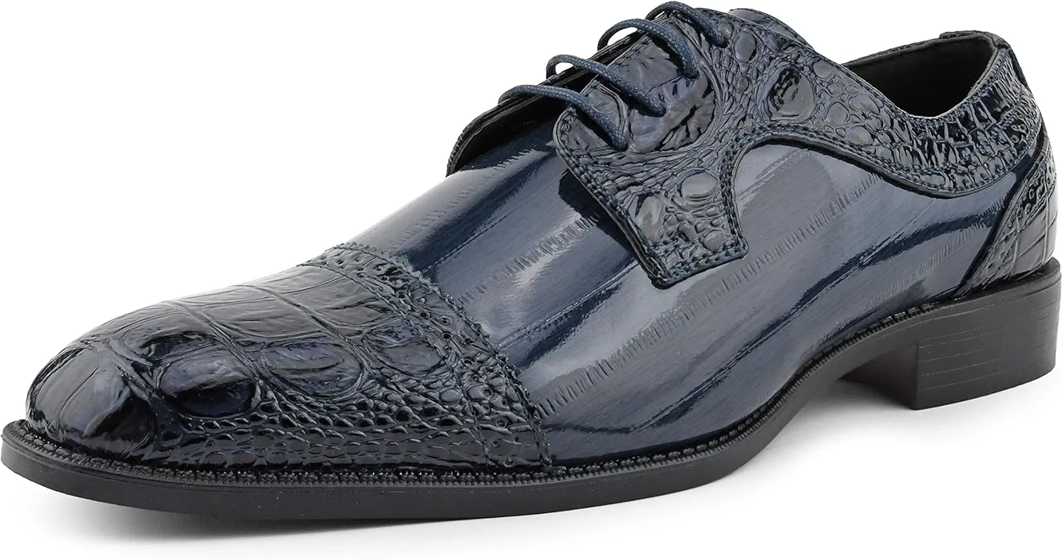 Bolano Dallas - Mens Croco Cap Toe Oxford, Alligator Print EEL Skin Trim, Lace Up - Original Style - Designer Shoes - Mens Oxfords