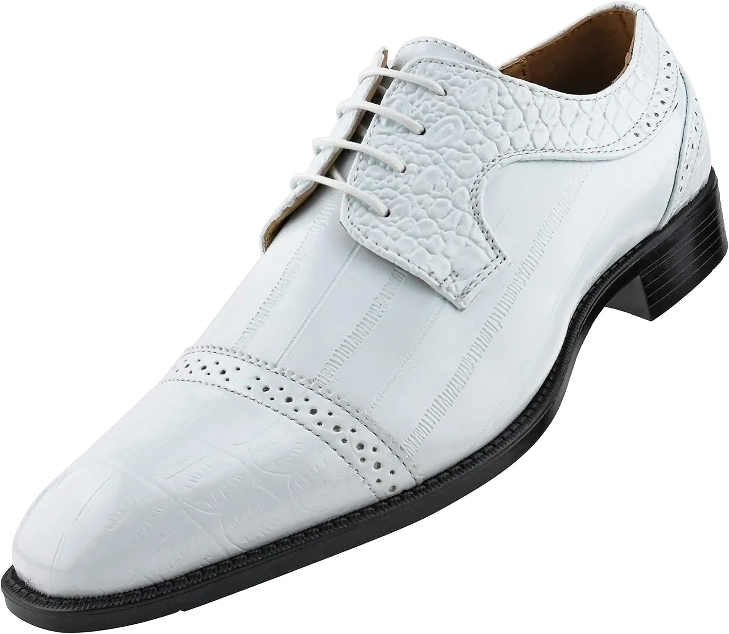Bolano Dallas - Mens Croco Cap Toe Oxford, Alligator Print EEL Skin Trim, Lace Up - Original Style - Designer Shoes - Mens Oxfords