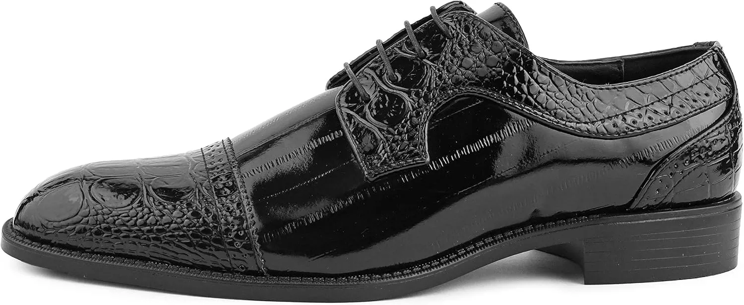 Bolano Dallas - Mens Croco Cap Toe Oxford, Alligator Print EEL Skin Trim, Lace Up - Original Style - Designer Shoes - Mens Oxfords