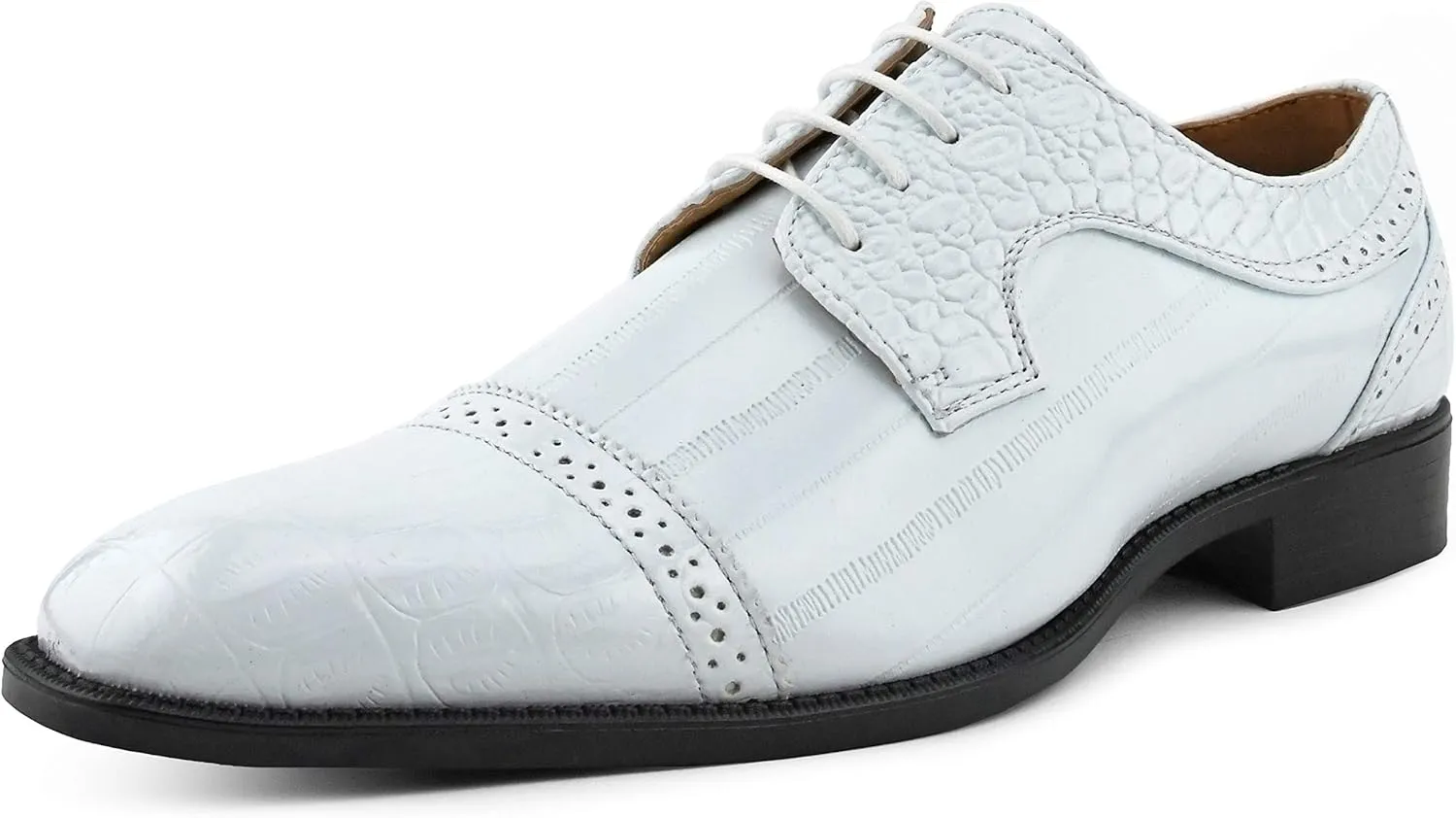 Bolano Dallas - Mens Croco Cap Toe Oxford, Alligator Print EEL Skin Trim, Lace Up - Original Style - Designer Shoes - Mens Oxfords