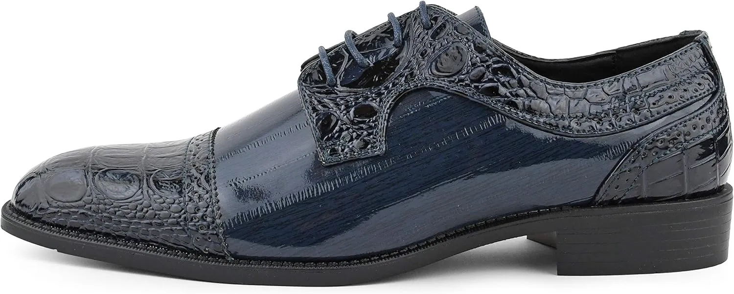 Bolano Dallas - Mens Croco Cap Toe Oxford, Alligator Print EEL Skin Trim, Lace Up - Original Style - Designer Shoes - Mens Oxfords