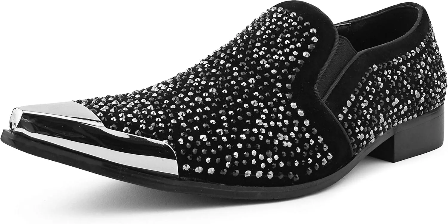 Bolano x Amali Men's Dress Loafers with Rhinestones, Slip-On, Tuxedo Loafer Shoes for Men, Pointed Toe with Metal Tip, Size Up
