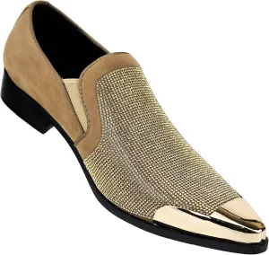 Bolano x Amali Men's Dress Loafers with Rhinestones, Slip-On, Tuxedo Loafer Shoes for Men, Pointed Toe with Metal Tip, Size Up