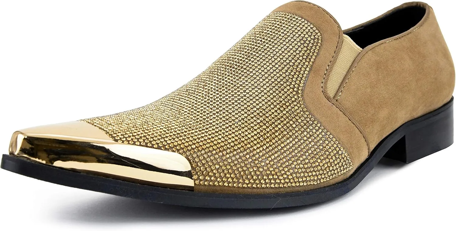Bolano x Amali Men's Dress Loafers with Rhinestones, Slip-On, Tuxedo Loafer Shoes for Men, Pointed Toe with Metal Tip, Size Up