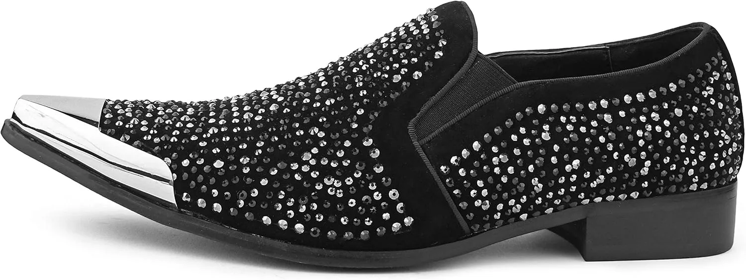 Bolano x Amali Men's Dress Loafers with Rhinestones, Slip-On, Tuxedo Loafer Shoes for Men, Pointed Toe with Metal Tip, Size Up