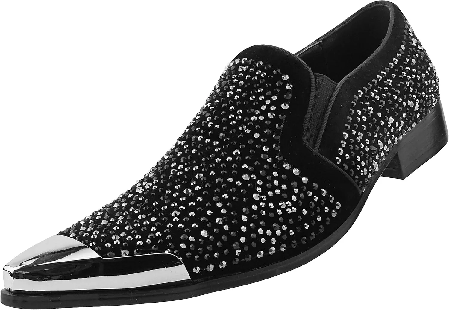 Bolano x Amali Men's Dress Loafers with Rhinestones, Slip-On, Tuxedo Loafer Shoes for Men, Pointed Toe with Metal Tip, Size Up