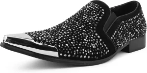 Bolano x Amali Men's Dress Loafers with Rhinestones, Slip-On, Tuxedo Loafer Shoes for Men, Pointed Toe with Metal Tip, Size Up