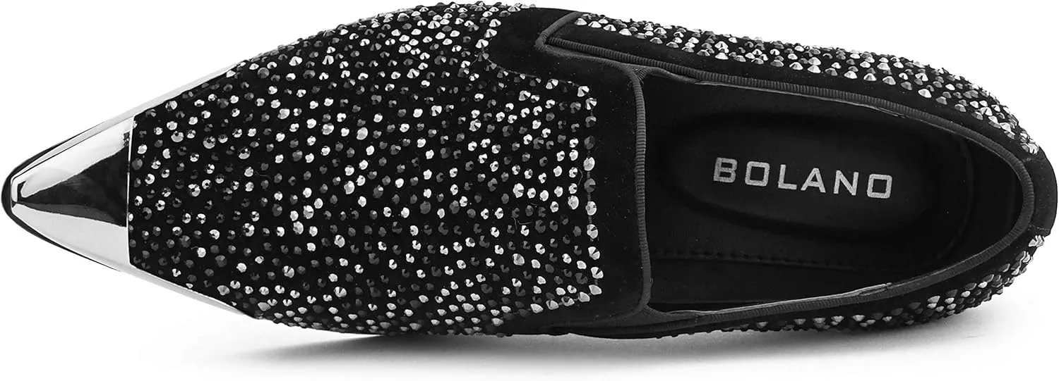 Bolano x Amali Men's Dress Loafers with Rhinestones, Slip-On, Tuxedo Loafer Shoes for Men, Pointed Toe with Metal Tip, Size Up