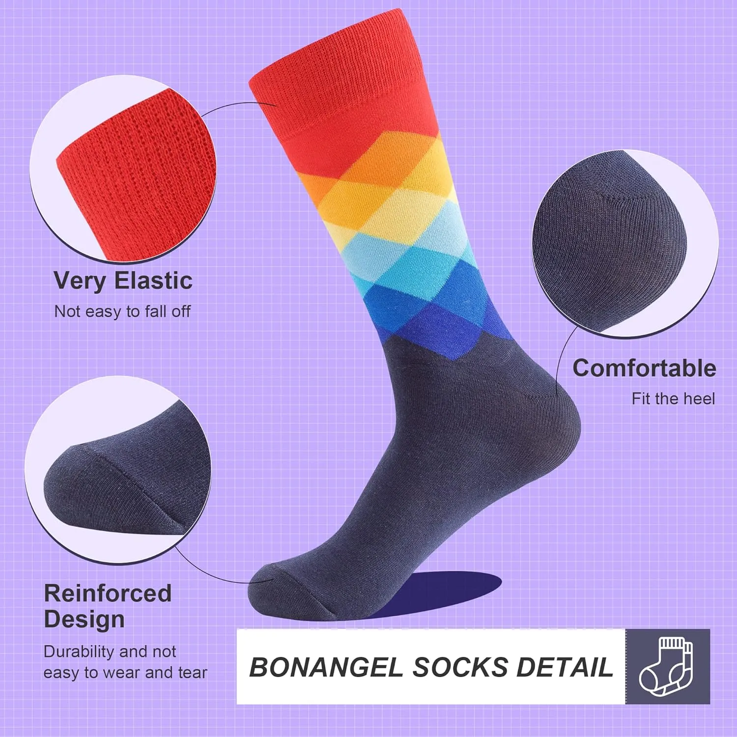 BONANGEL Mens Dress Socks Fun Funny Colorful Crazy Crew Dress Socks For Men 9-12