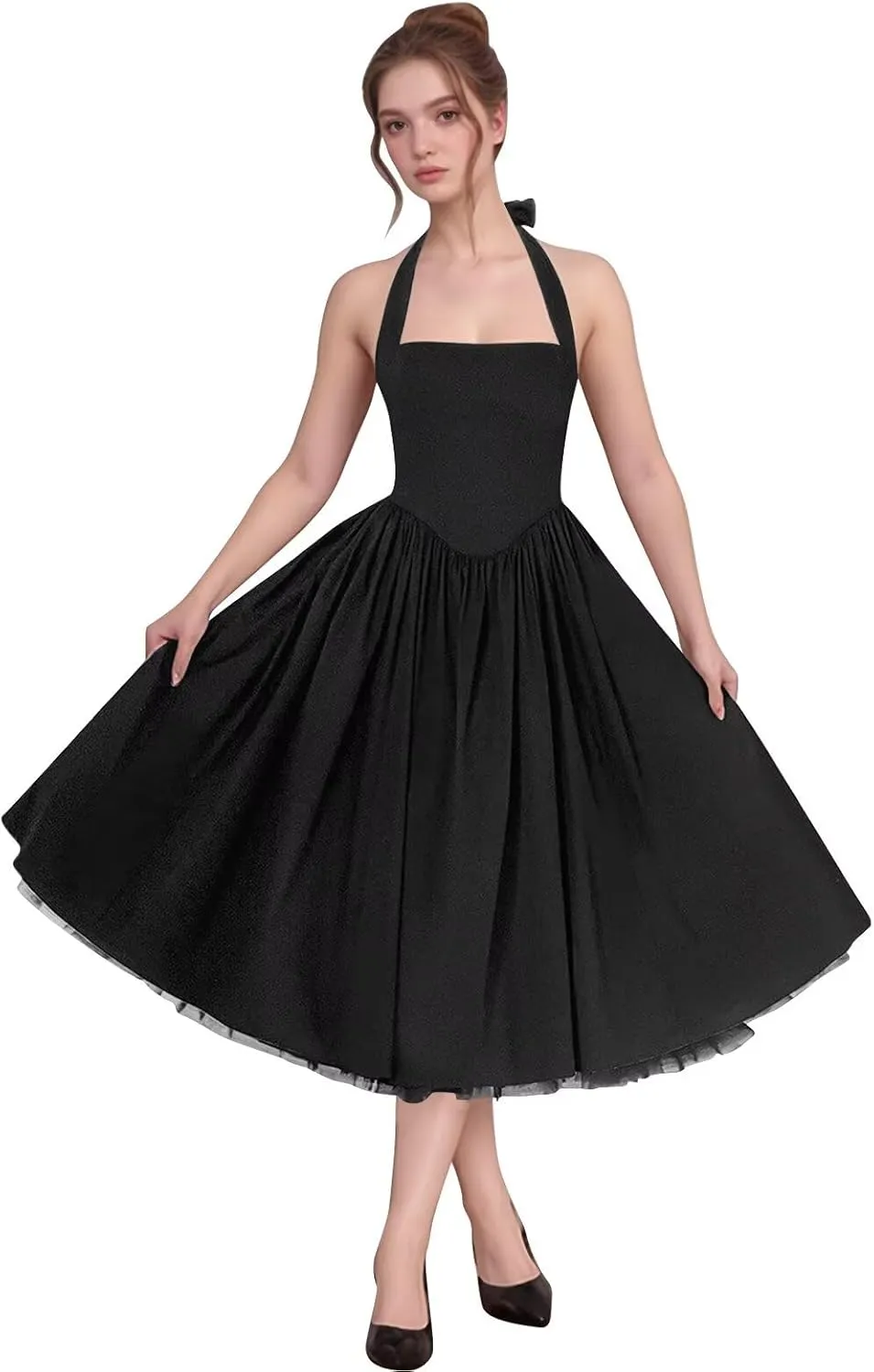 Bow Tea Length Prom Dresses for Women 2025 Satin Pleated Halter Cocktail Dress A Line Corset Formal Evening Party Gown
