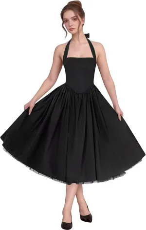 Bow Tea Length Prom Dresses for Women 2025 Satin Pleated Halter Cocktail Dress A Line Corset Formal Evening Party Gown