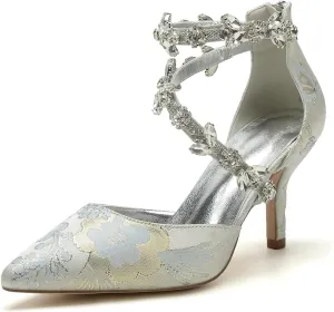 Bridal Silk Wedding Shoes Buckle Women Pointed Toe Rhinestone Satin Pumps High Heel Prom Shoes