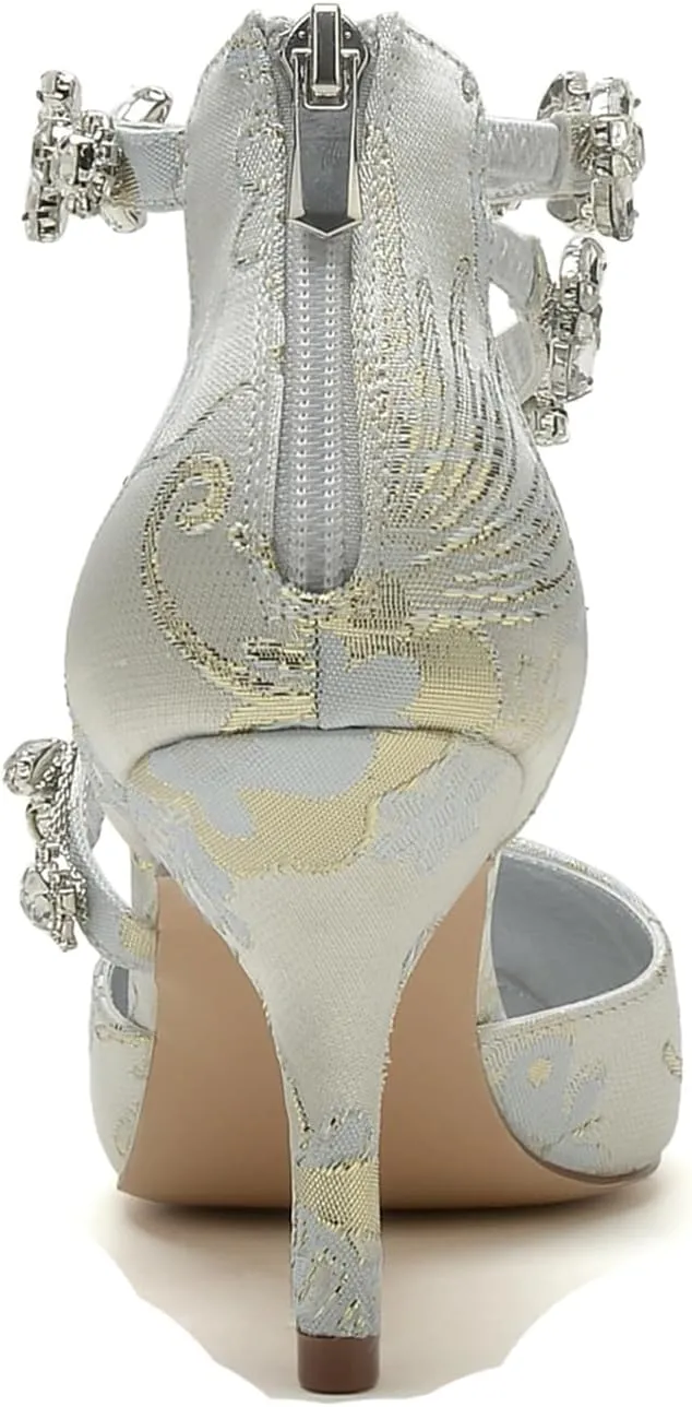 Bridal Silk Wedding Shoes Buckle Women Pointed Toe Rhinestone Satin Pumps High Heel Prom Shoes