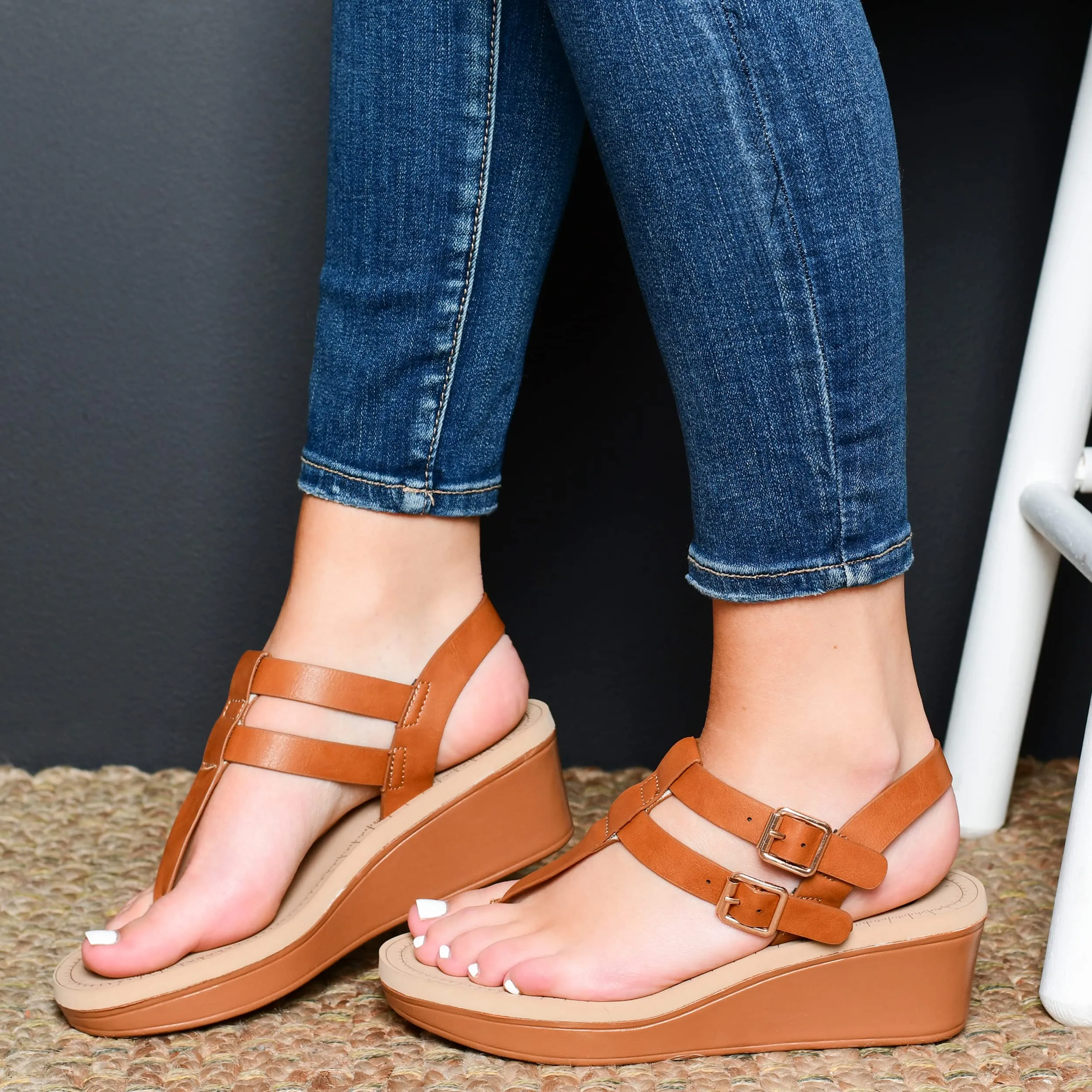 Brinley Co. Womens T-Strap Wedge Sandal Red, 9 Regular US
