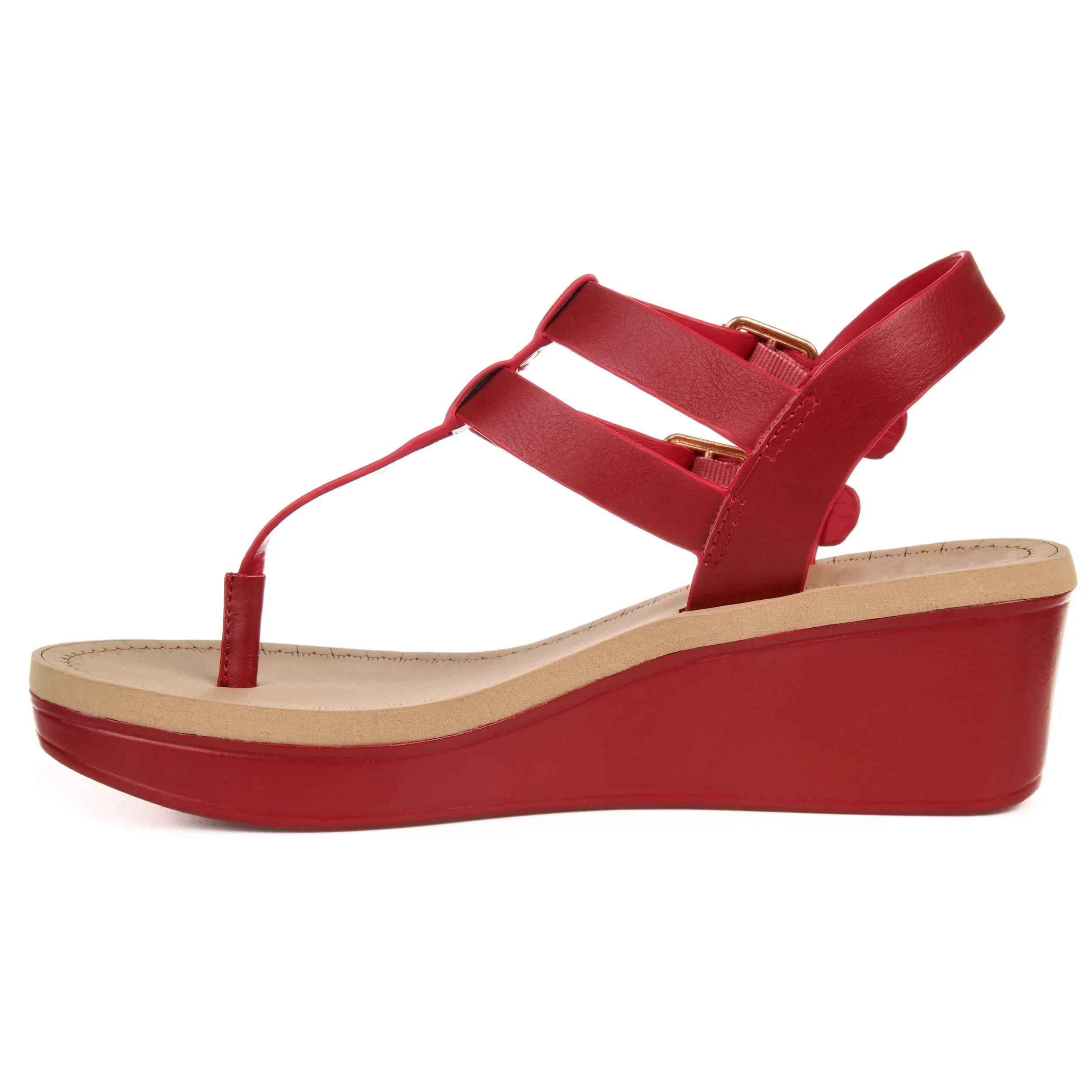 Brinley Co. Womens T-Strap Wedge Sandal Red, 9 Regular US