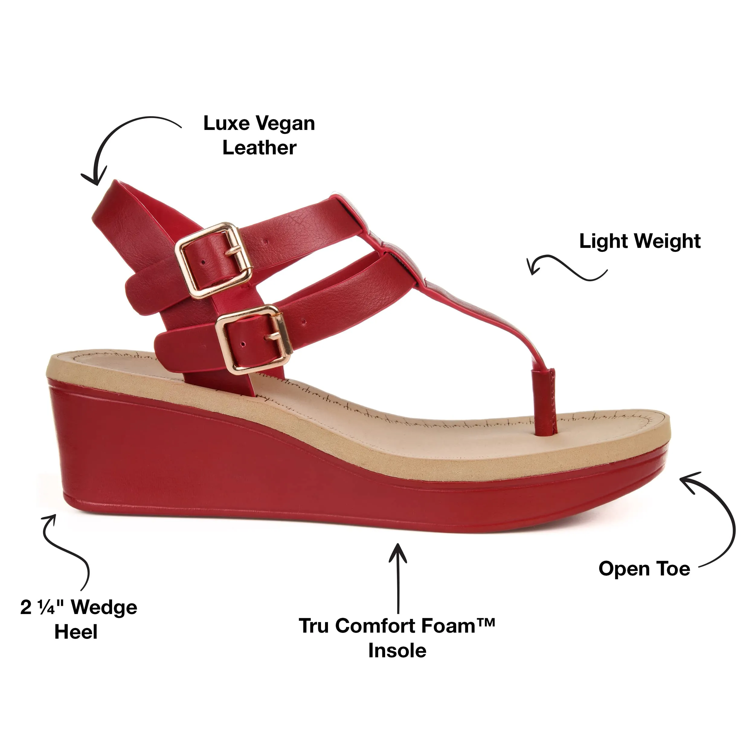 Brinley Co. Womens T-Strap Wedge Sandal Red, 9 Regular US