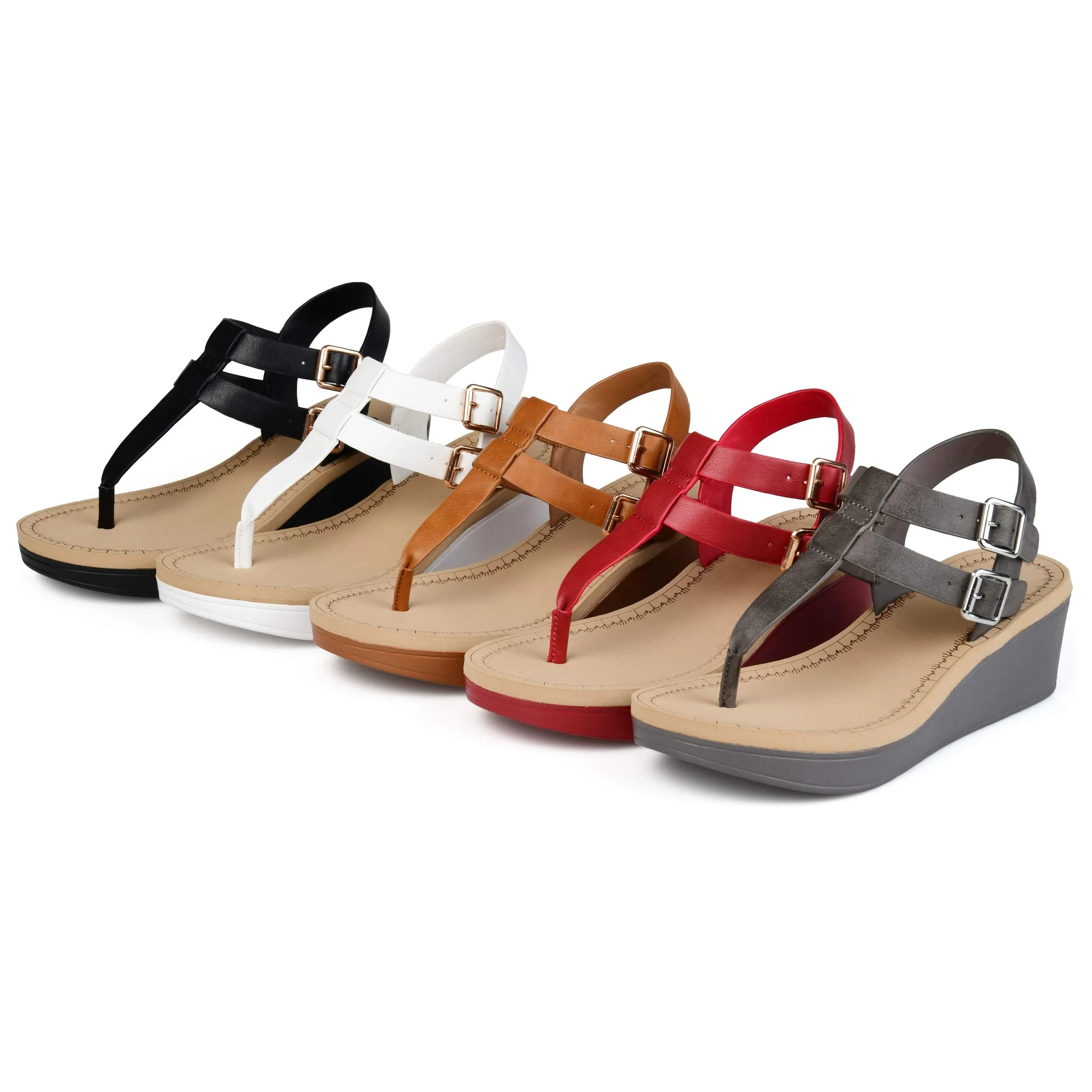 Brinley Co. Womens T-Strap Wedge Sandal Red, 9 Regular US