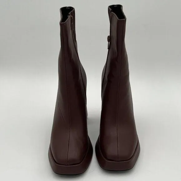 Brown Closed Toe Platform Round Toe Chunky High Heel Side Zipper Ankle Boot