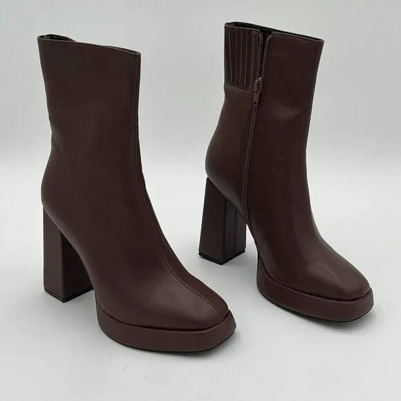 Brown Closed Toe Platform Round Toe Chunky High Heel Side Zipper Ankle Boot