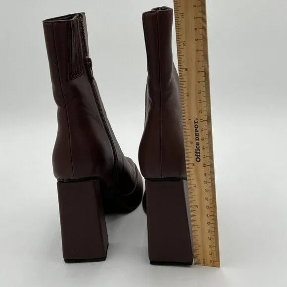 Brown Closed Toe Platform Round Toe Chunky High Heel Side Zipper Ankle Boot