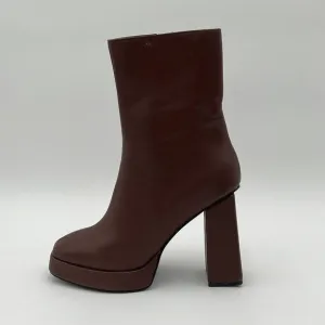 Brown Closed Toe Platform Round Toe Chunky High Heel Side Zipper Ankle Boot