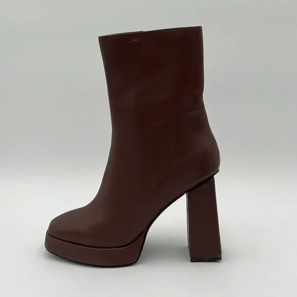 Brown Closed Toe Platform Round Toe Chunky High Heel Side Zipper Ankle Boot
