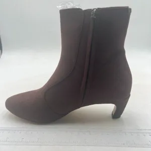 Brown Low Kitten Heel Ankle Boots Closed Toe Side Zipper Office Party Shoes