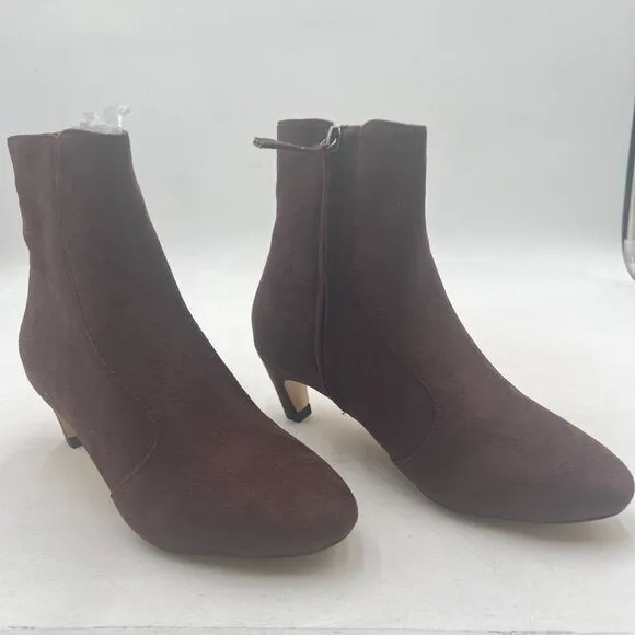Brown Low Kitten Heel Ankle Boots Closed Toe Side Zipper Office Party Shoes