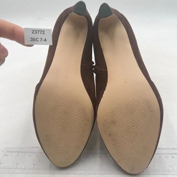 Brown Low Kitten Heel Ankle Boots Closed Toe Side Zipper Office Party Shoes