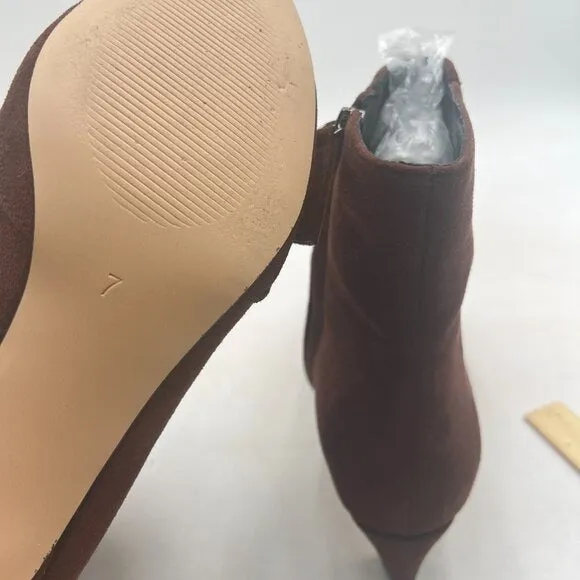 Brown Low Kitten Heel Ankle Boots Closed Toe Side Zipper Office Party Shoes