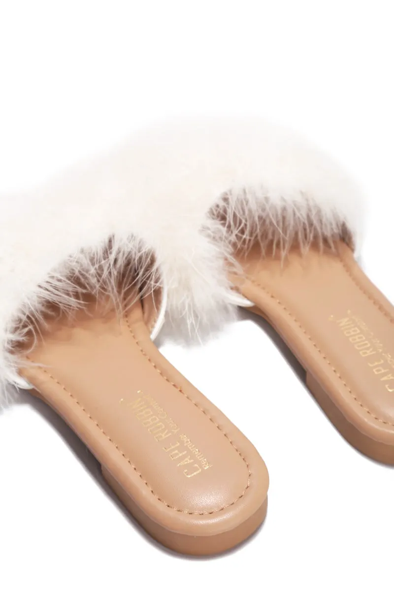 Cape Robbin Sandals-1 On Feathers Slide Fur Sandals Top-tier Unmatched variety Mule White Flat Slip