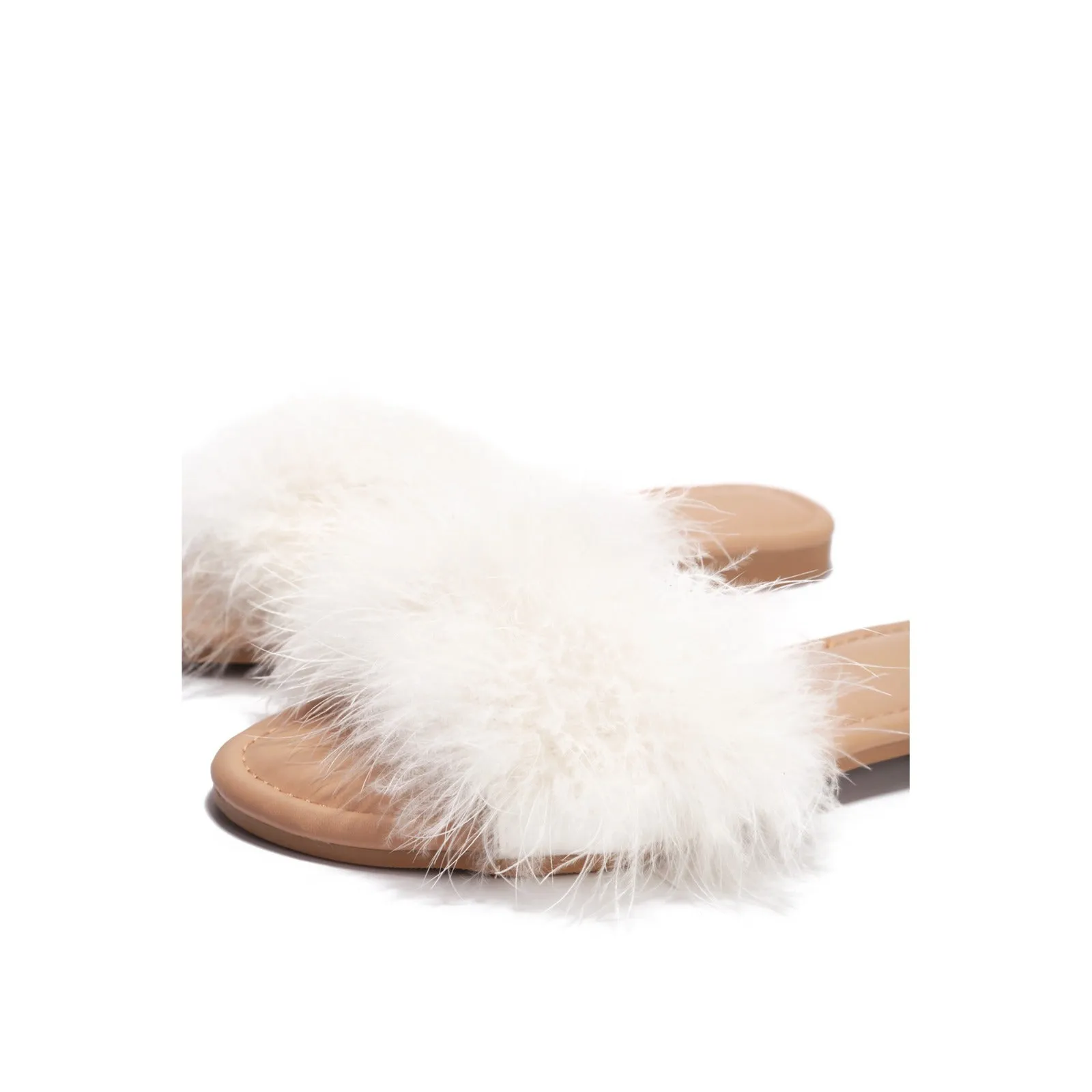 Cape Robbin Sandals-1 On Feathers Slide Fur Sandals Top-tier Unmatched variety Mule White Flat Slip
