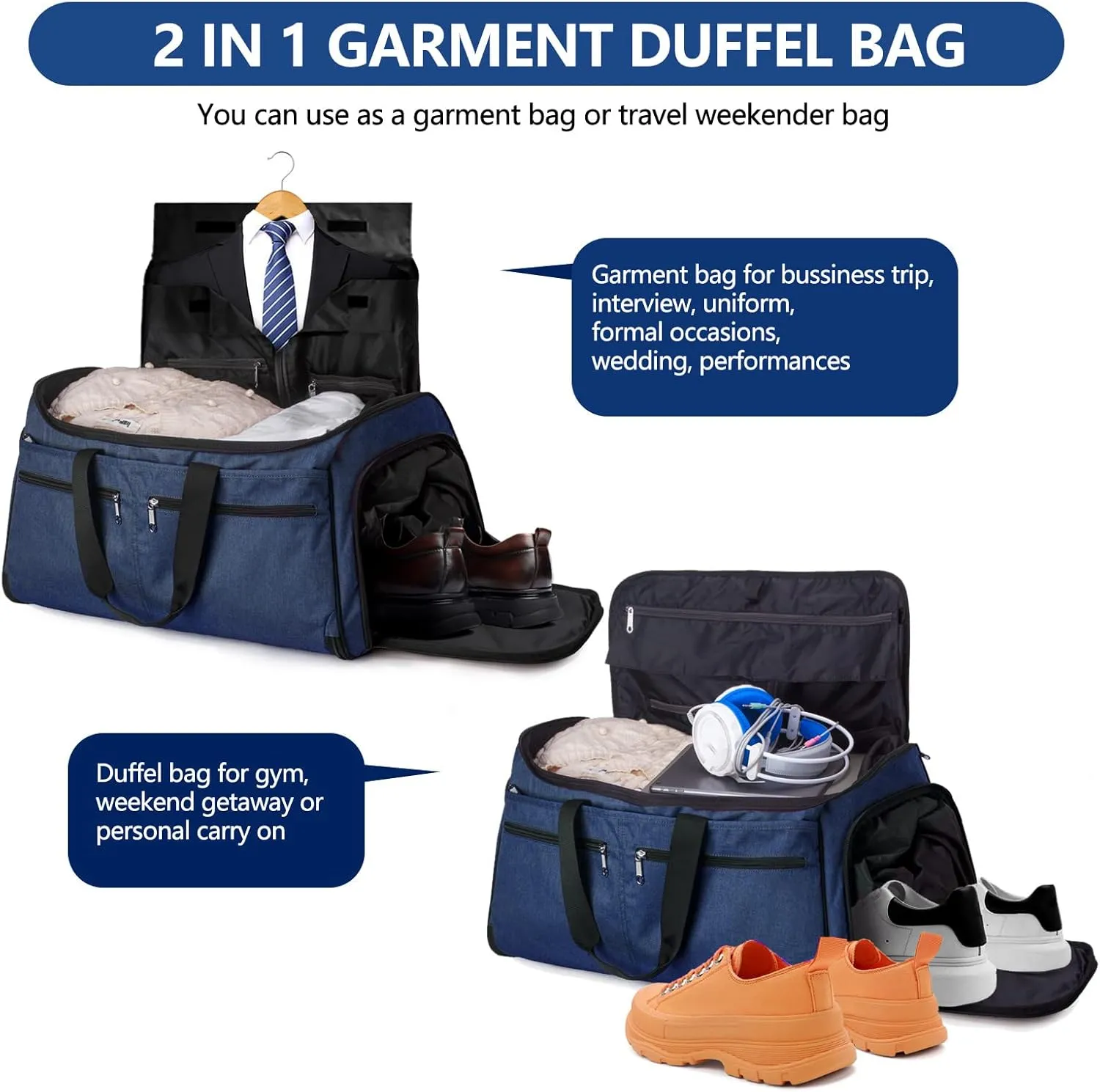 Carry on Garment Bag for Travel, Bukere Convertible Suit Travel Garment Duffel Bag for Men Women Business, Shoe Compartment, Detachable Shoulder Strap, Multi-Function 2 in 1 Weekender Bag, Blue