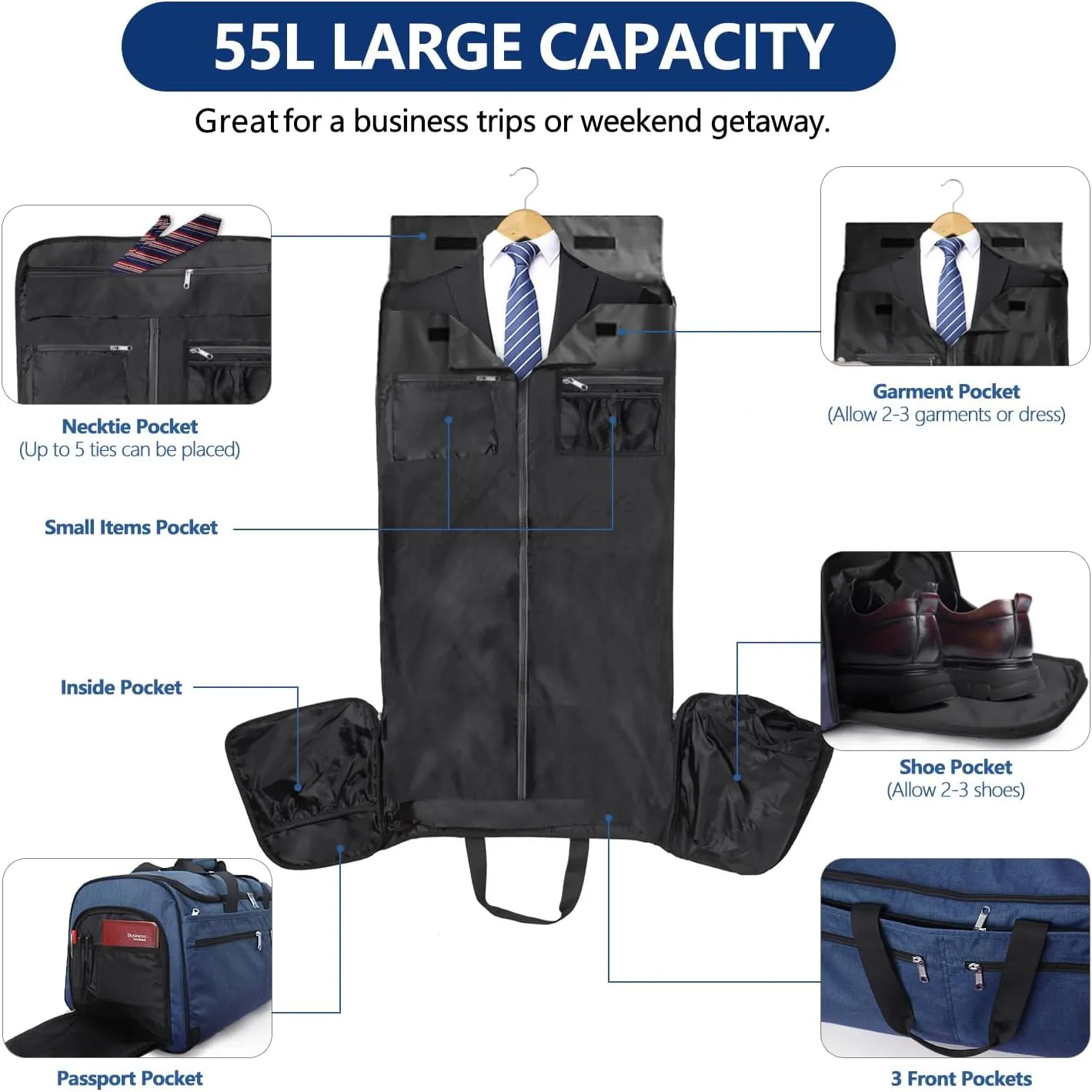 Carry on Garment Bag for Travel, Bukere Convertible Suit Travel Garment Duffel Bag for Men Women Business, Shoe Compartment, Detachable Shoulder Strap, Multi-Function 2 in 1 Weekender Bag, Blue