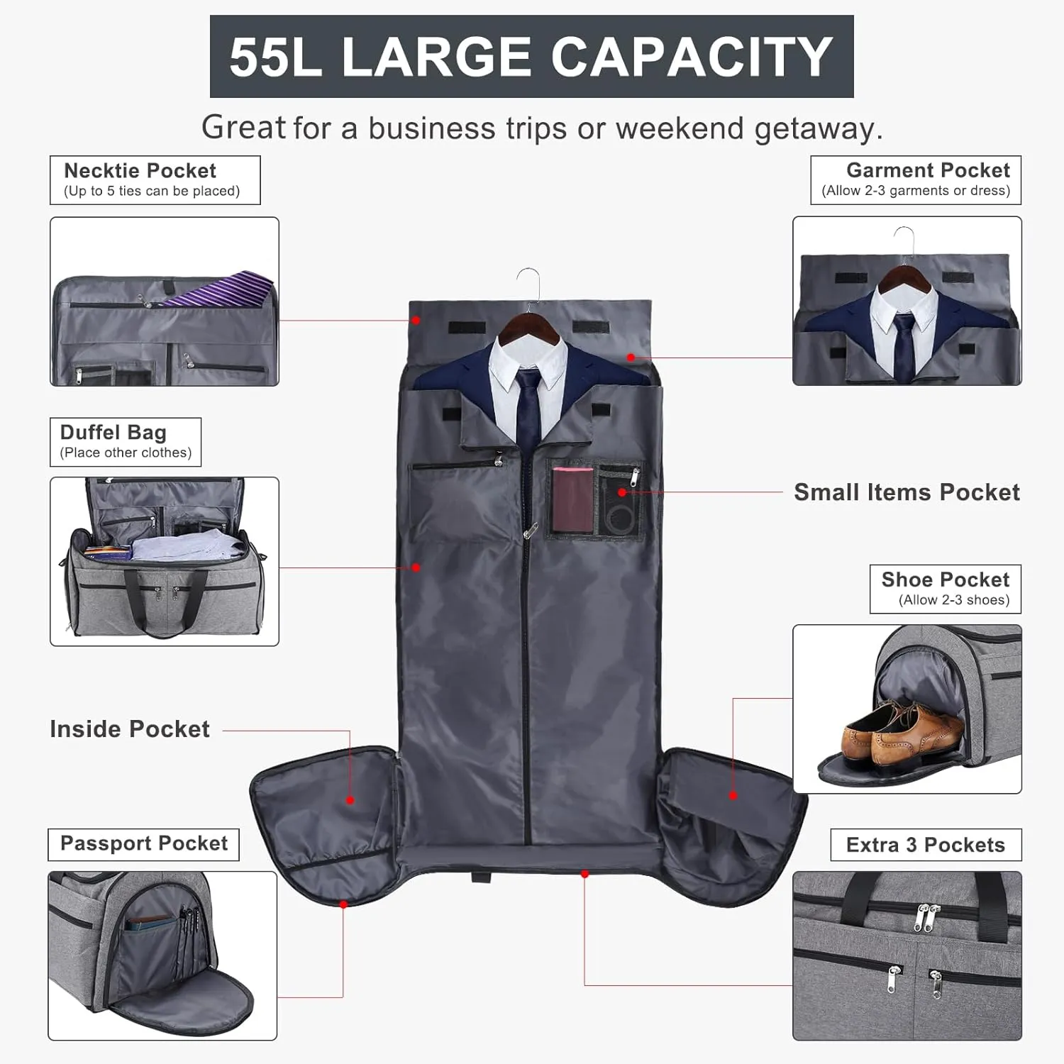 Carry on Garment Bag for Travel, Bukere Convertible Travel Duffel Suit with Shoe Compartment, Detachable Shoulder Strap, 2 in 1 Weekender Men Women