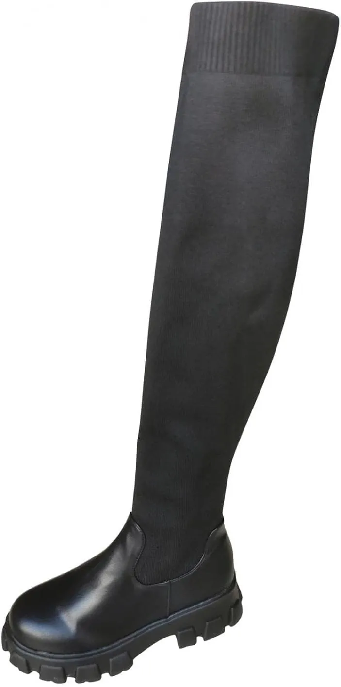 Casual Non Slip Winter Fall Long Tall Boots Platform Tight High Boots for Women Fashion Stretch Knitted Round Toe Chunky Bottom Slip On Flats Over The Knee Boots for Wedding