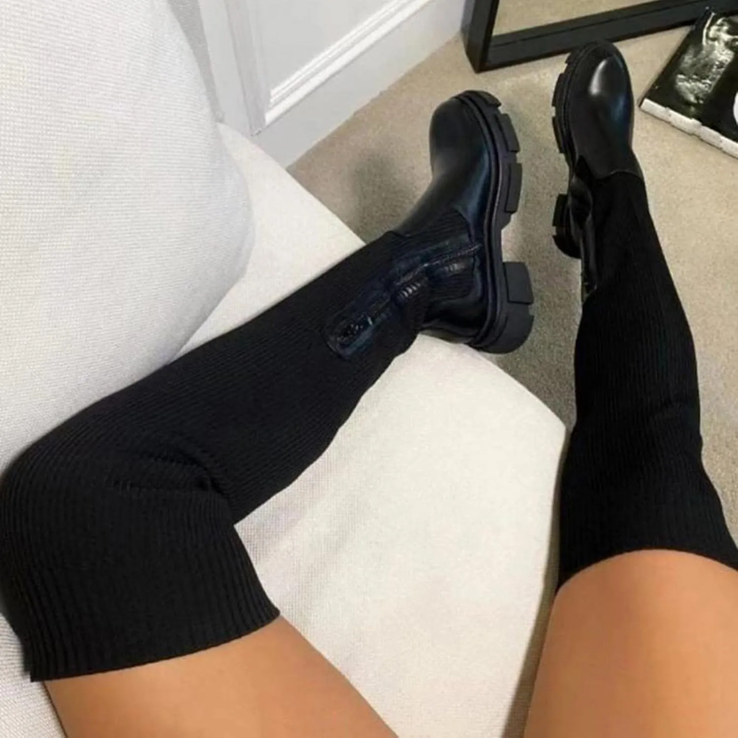 Casual Non Slip Winter Fall Long Tall Boots Platform Tight High Boots for Women Fashion Stretch Knitted Round Toe Chunky Bottom Slip On Flats Over The Knee Boots for Wedding