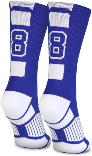 ChalkTalkSPORTS Custom Team Number Crew Socks | Youth & Adult Athletic Socks Blue | Choose Your Number
