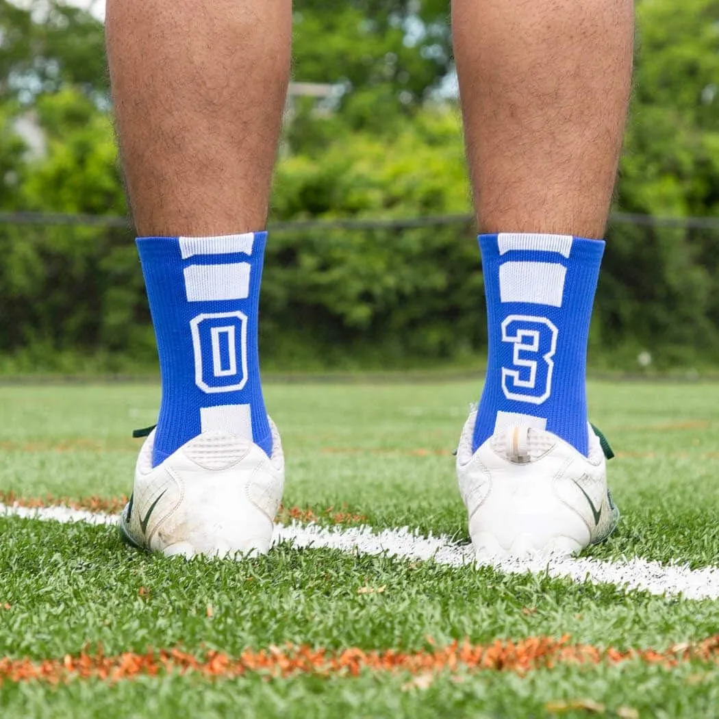 ChalkTalkSPORTS Custom Team Number Crew Socks | Youth & Adult Athletic Socks Blue | Choose Your Number