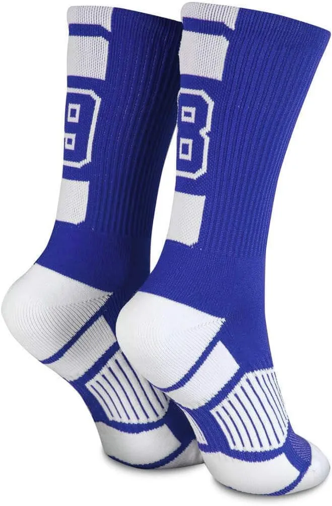 ChalkTalkSPORTS Custom Team Number Crew Socks | Youth & Adult Athletic Socks Blue | Choose Your Number