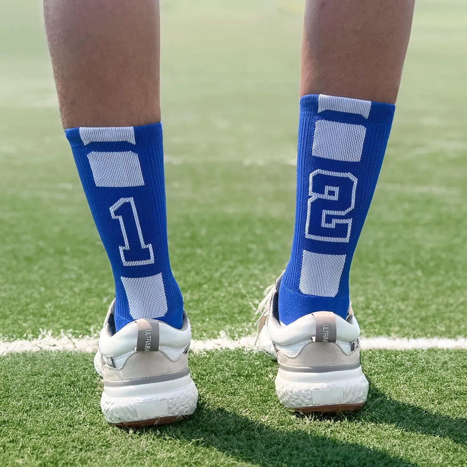 ChalkTalkSPORTS Custom Team Number Crew Socks | Youth & Adult Athletic Socks Blue | Choose Your Number